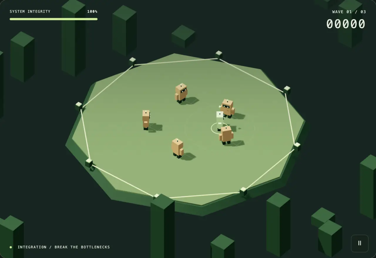 Systems Arena gameplay: the player robot on a green octagonal arena surrounded by four bug robots, with the system integrity bar at 100% and wave 1 of 3.